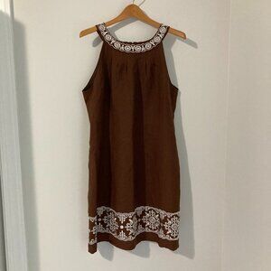 Brown Sleeveless Dress with White Embroidery